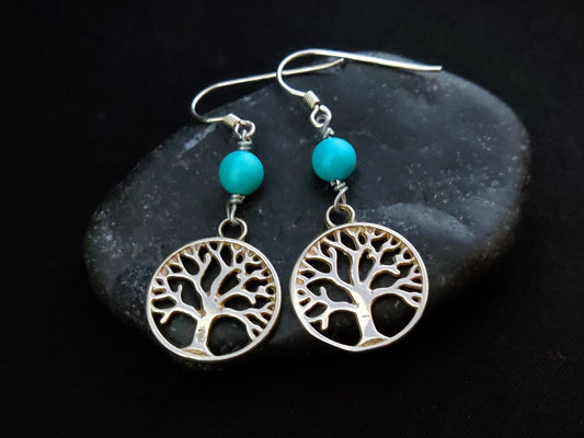Tree Of Life & Turquoise Silver Earrings, Greek Handmade Jewelry, Lebens Baum Silber Ohrringe, Turquoise Dangle Long Earrings From Greece