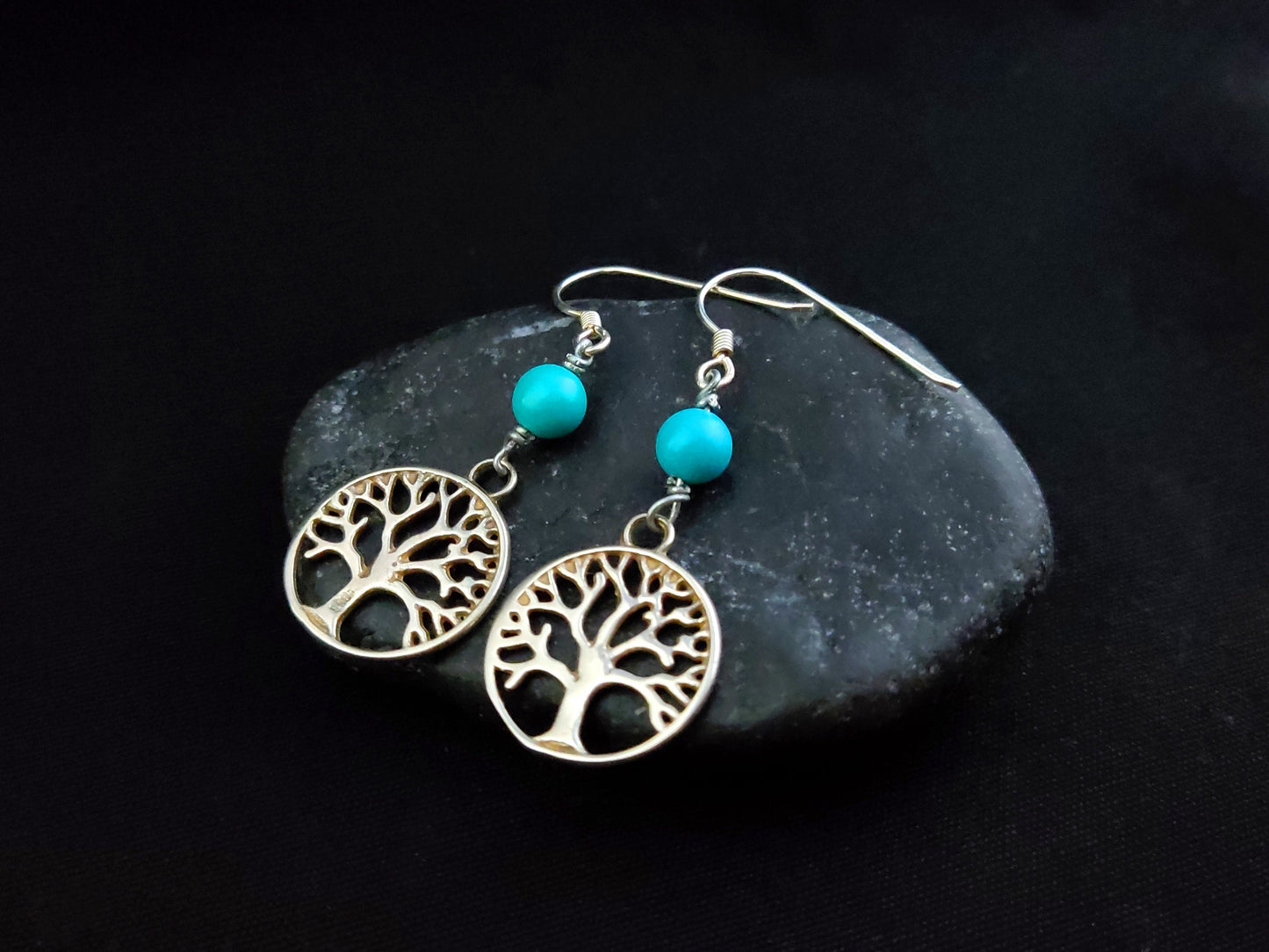 Tree Of Life & Turquoise Silver Earrings, Greek Handmade Jewelry, Lebens Baum Silber Ohrringe, Turquoise Dangle Long Earrings From Greece