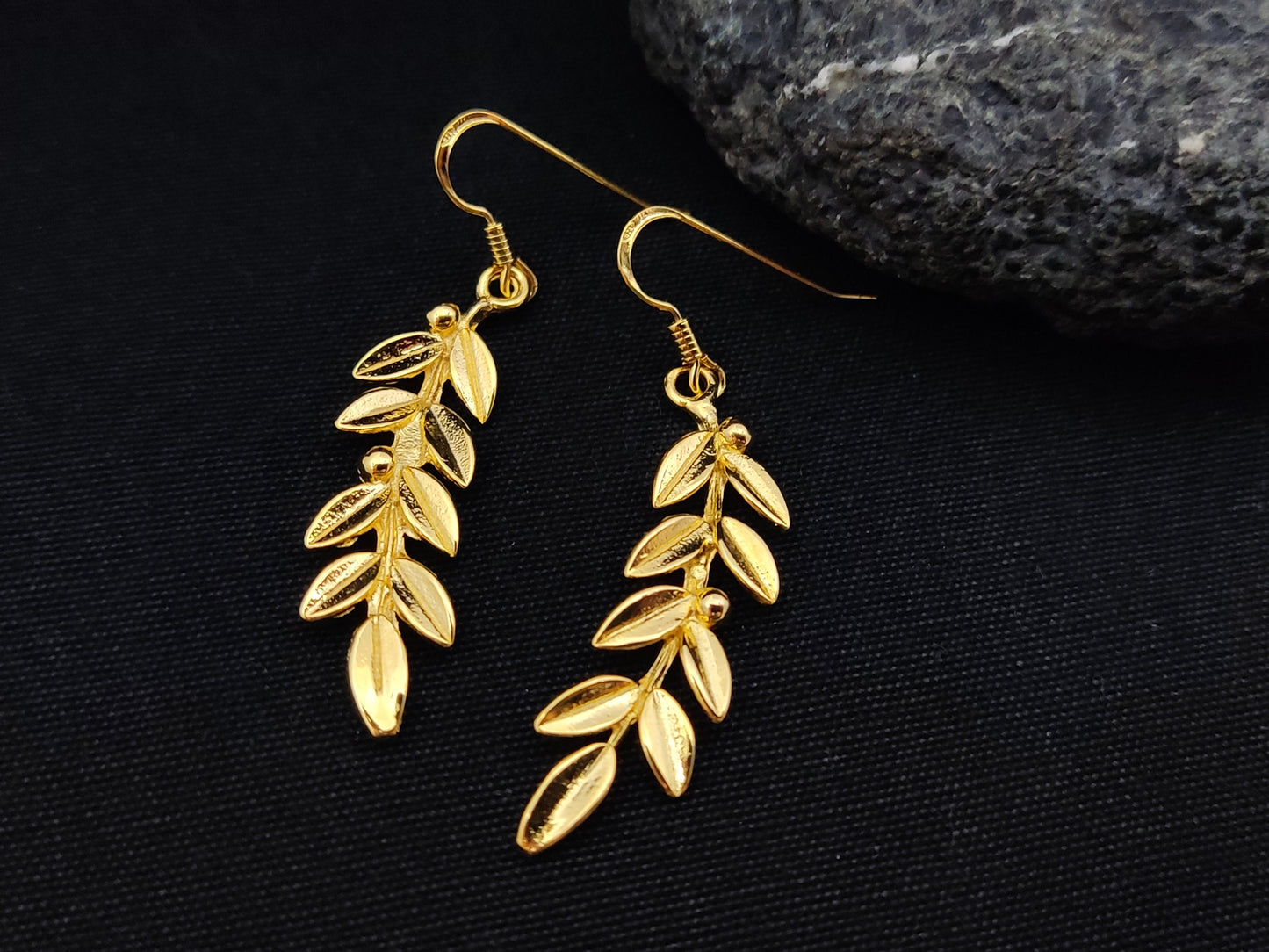 Sterling Silver 925 Greek Olive Leaf Leaves Gold Plated 22K Dangle Long Earrings, Leaf Gold Plated Earrings, Griechische Gold Ohrringe