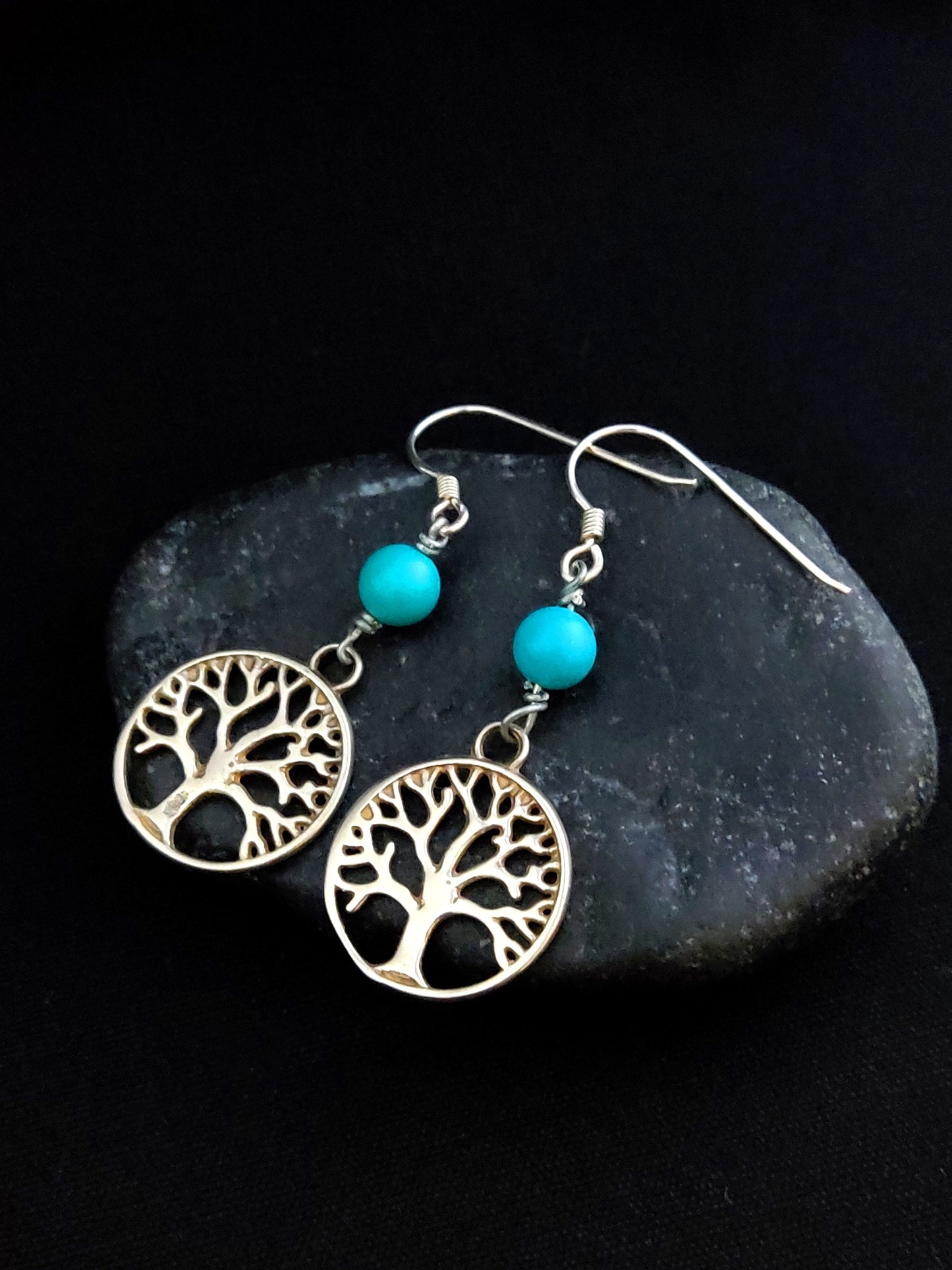 Boucles d'oreilles en argent arbre de vie et turquoise, bijoux grecs faits à la main, Lebens Baum Silber Ohrringe, boucles d'oreilles longues Turquoise Dangle de Grèce