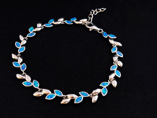 Sterling Silber 925 Fire Rainbow Blue Opal Greek Olive Leaf Leaves Armband, Griechischer Silber Blau Stein Armband, Bracelet Grecque Opal