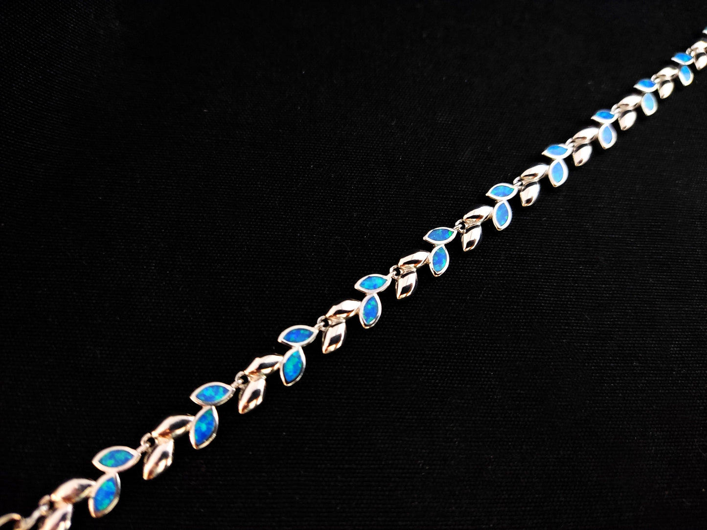 Sterling Silver 925 Fire Rainbow Blue Opal Greek Olive Leaf Leaves Bracelet, Griechischer Silber Blau Stein Armband, Bracelet Grecque Opal