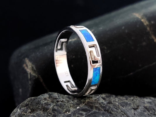 Sterling Silber 925 Mäander Opal Ring, Griechischer Schlüssel Design Blauer Opal Bandring, Griechischer Opalschmuck, Griechisches Opal Silber Ring, Bague Grecque