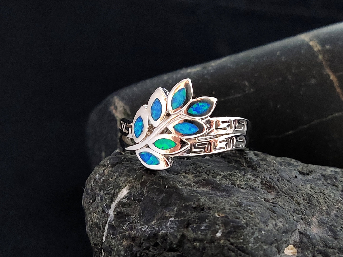 Silver 925 Greek Key Athena Olive Leaf Leaves Fire Ocean Blue Opal Ring US 7.25/FR 56, Silver Greek Opal Jewelry Ring, Bijoux Grecque Bague