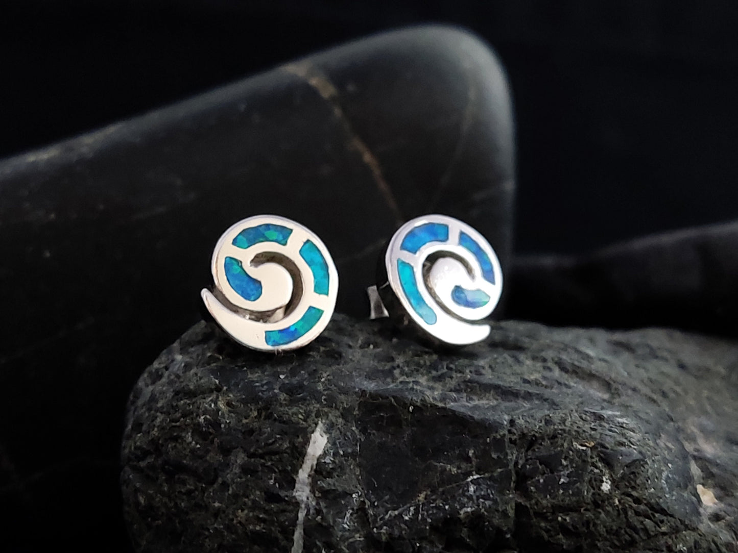 Sterling Silver 925 Greek Spiral Fire Blue Opal Stud Earrings 9mm, Greek Opal Spiral Earrings, Greek Jewelry, Griechischer Opal Ohrringe