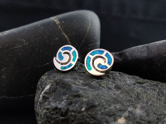 Sterling Silver 925 Greek Spiral Fire Blue Opal Stud Earrings 9mm, Greek Opal Spiral Earrings, Greek Jewelry, Griechischer Opal Ohrringe