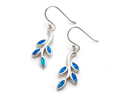 Greek Silver Leaf Leaves Fire Ocean Blue Opal Dangle Earrings, Jewelry From Greece, Griechischer Silber Ohrringe, Bijoux De Grece, 25x10mm