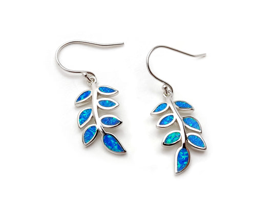 Greek Silver Leaf Leaves Fire Ocean Blue Opal Dangle Earrings, Jewelry From Greece, Griechischer Silber Ohrringe, Bijoux De Grece, 25x12mm