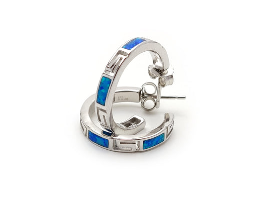 Sterling Silver 925 Greek Key Hoop Earrings , Fire Rainbow Blue Opal Hoops Earrings, Meander Design Opal Earrings, Greek Opal Jewelry, 21mm