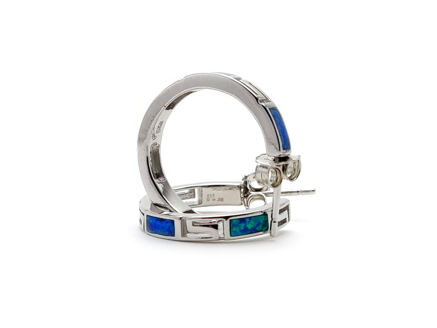 Sterling Silver 925 Greek Key Hoop Earrings , Fire Rainbow Blue Opal Hoops Earrings, Meander Design Opal Earrings, Greek Opal Jewelry, 21mm