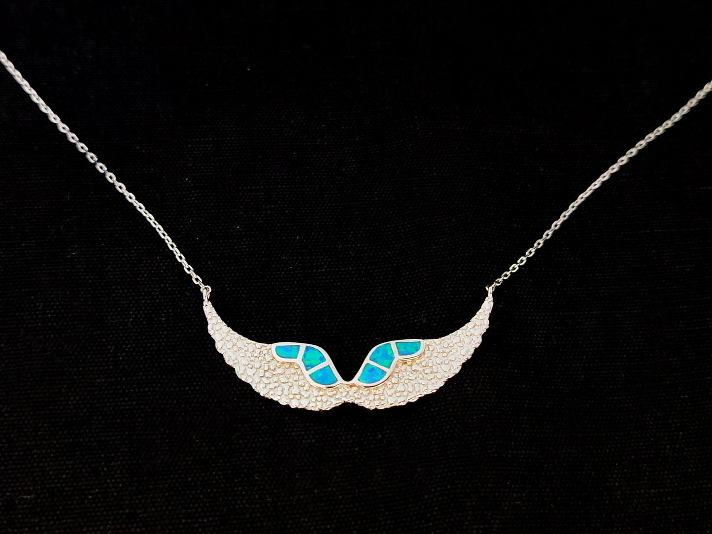 Sterling Silver 925 Fire Rainbow Blue Opal Angel Wings Chain Pendant Necklace, Griechischer Opal Kette, Bijoux Grecque, Greek Jewelry