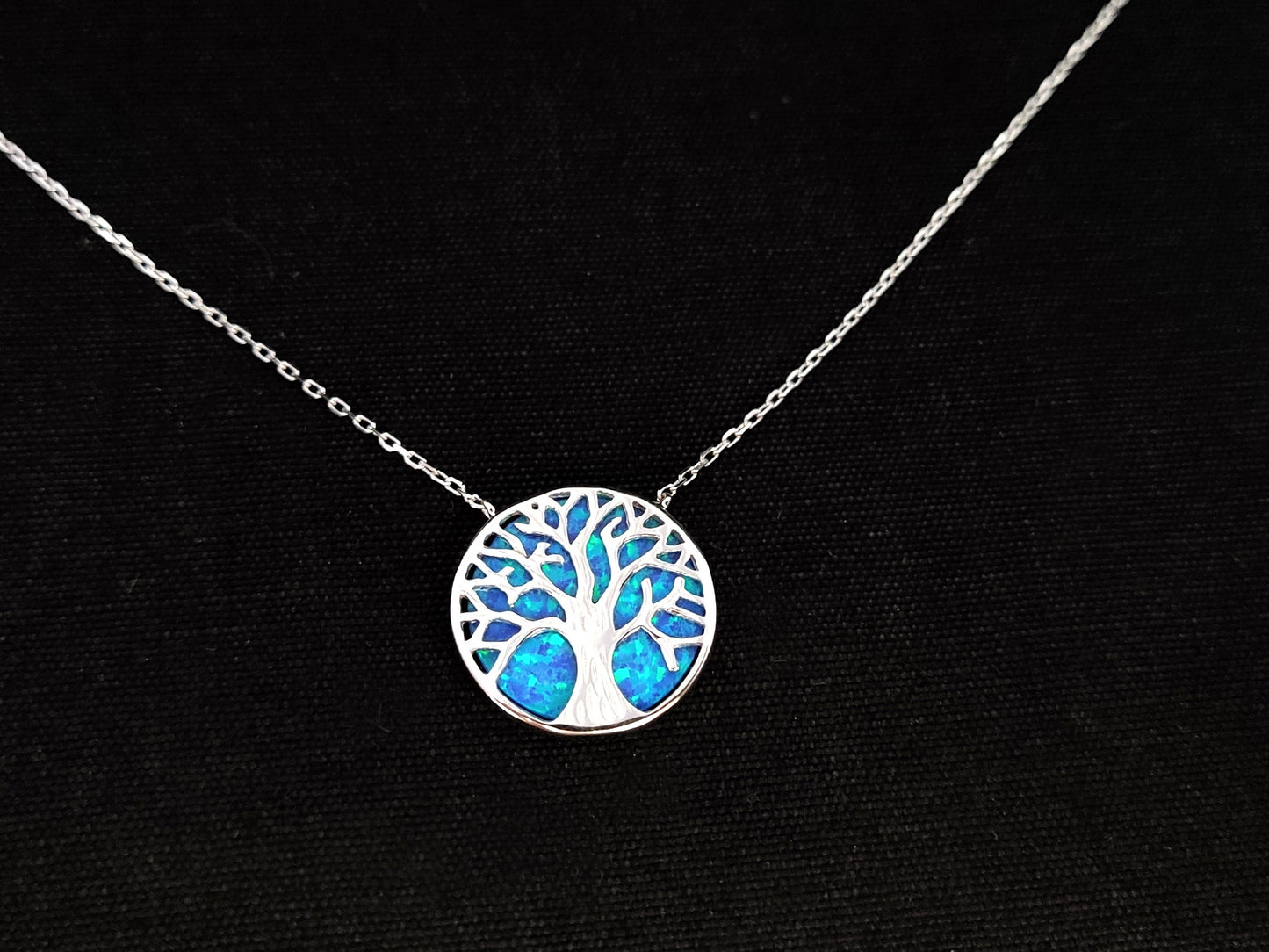 Sterling Silber 925 Fire Rainbow Blue Opal Tree Of Life Chain Pendant Necklace, Griechischer Opal Kette, Bijoux Grecque, Greek Jewelry