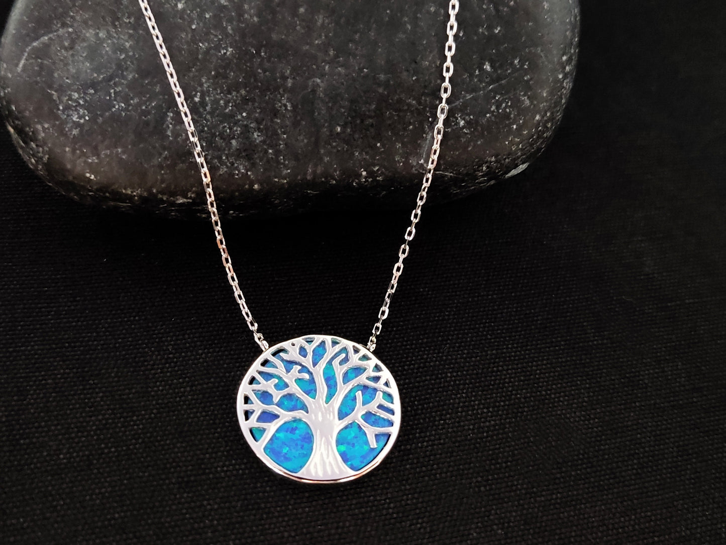 Sterling Silver 925 Fire Rainbow Blue Opal Tree Of Life Chain Pendant Necklace, Griechischer Opal Kette, Bijoux Grecque, Greek Jewelry