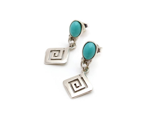 Sterling Silver 925 Greek Key Turquoise Earrings , Eternity Key Meander Pattern Plain Dangle Earrings , Greek Jewelry , Griechische Ohrringe
