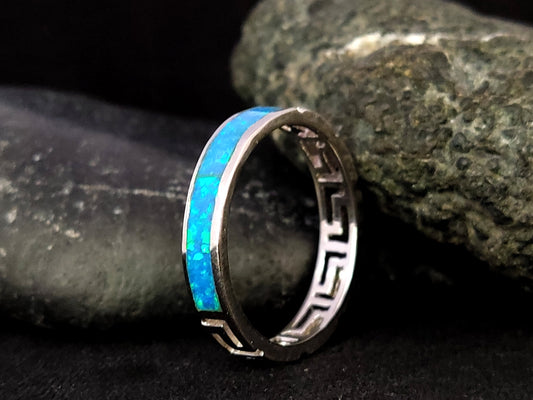 Sterling Silver 925 Meander Opal Ring, Greek Key Pattern Blue Opal Ring, Greek Opal Jewelry, Griechisches Opal Silber Ring,Bague Grecque