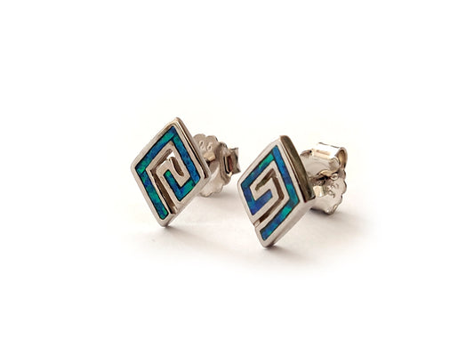 Greek Opal Earrings, Square Earrings, Small Earrings 10x7mm, Sterling Silver 925, Greek Key Opal Jewelry, Greek Jewelry, Round Earrings
