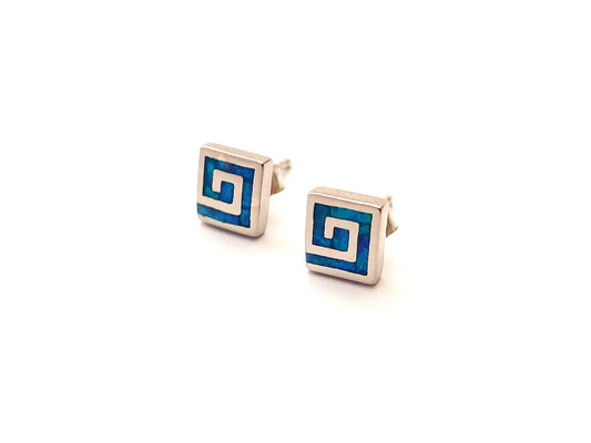 Greek Opal Earrings, Square Earrings, Small Earrings 6mm, Sterling Silver 925, Greek Key Opal Jewelry, Greek Jewelry, Round Earrings
