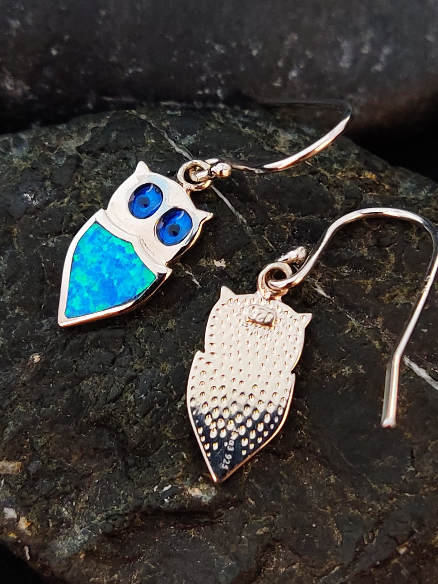 Sterling Silber 925 Ocean Blue Opal Greek Owl Dangle Small Earrings, Eule Schmuck, Griechisches Ohrringe, Bijoux Grecque, Bijoux Grecque