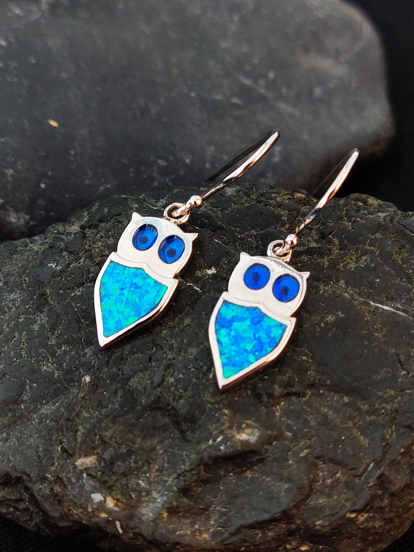 Sterling Silver 925 Ocean Blue Opal Greek Owl Dangle Small Earrings, Eule Schmuck, Griechisches Ohrringe, Bijoux Grecque, Bijoux Grecque