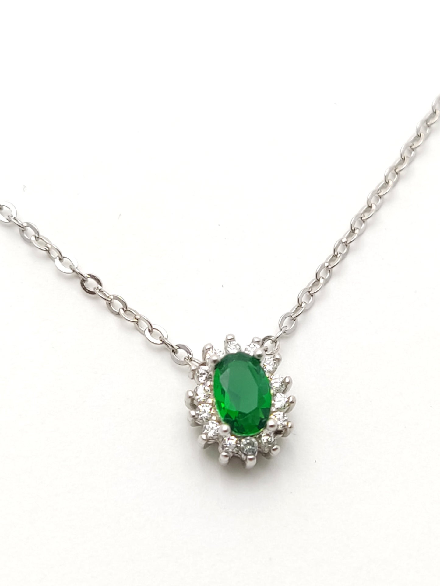 Sterling Silver 925 Chain Fine Necklace Cubic Zirconia Emerald Color Rosetta 10x7mm, Silberne Halskette in Smaragdfarbe, Kristall Halskette