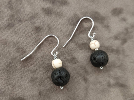 Greek Volcanic Black Lava Stones & White Howlite Dangle Earrings, Jewelry From Greece, Black White Earrings Jewelry, Sterling Silver 925