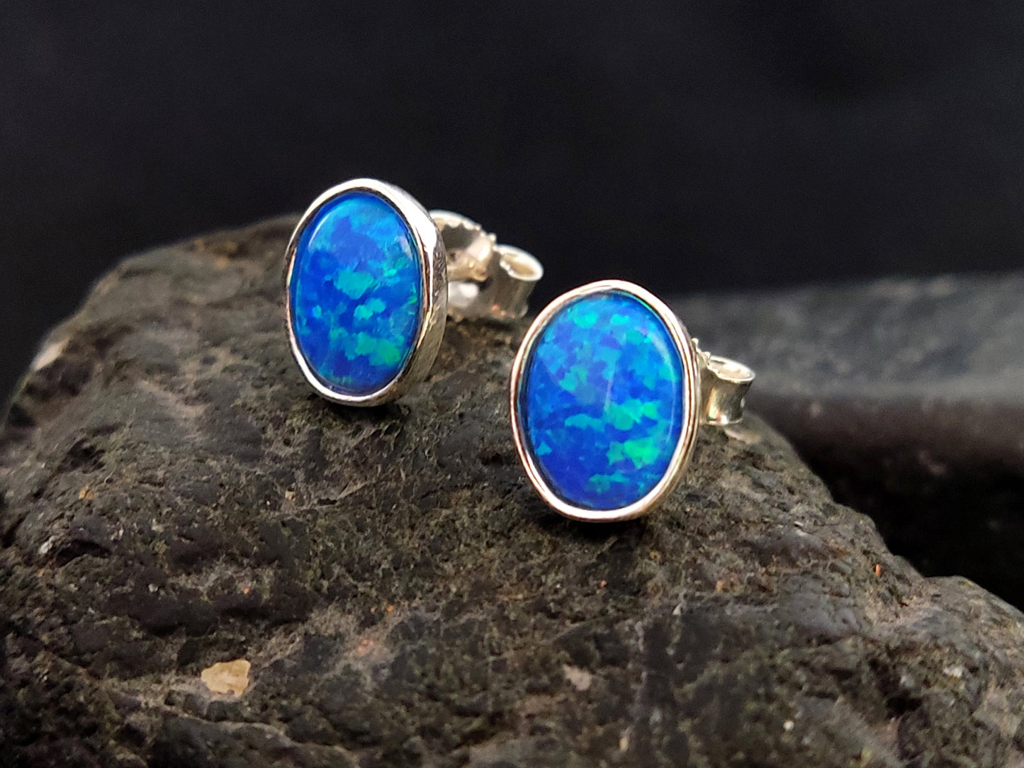 Sterling Silver 925 Greek Oval Fire Blue Opal Stud Earrings 10x8mm, Greek Opal Jewelry, From Greece, Griechischer Opal Silber Ohrringe
