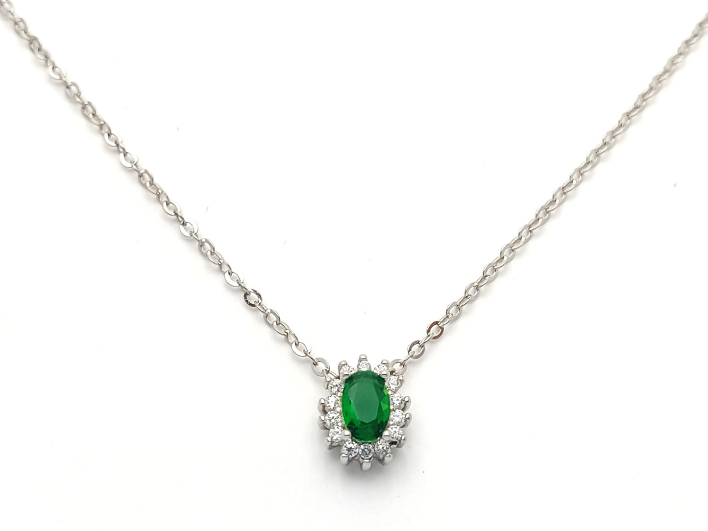 Sterling Silver 925 Chain Fine Necklace Cubic Zirconia Emerald Color Rosetta 10x7mm, Silberne Halskette in Smaragdfarbe, Kristall Halskette