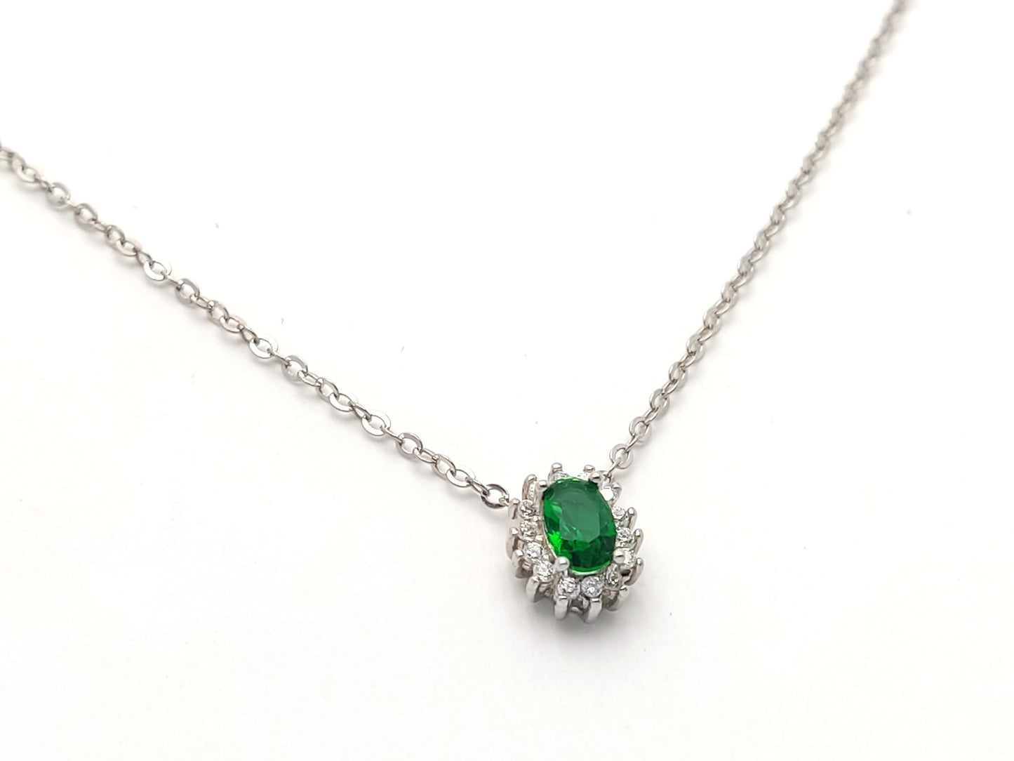 Sterling Silver 925 Chain Fine Necklace Cubic Zirconia Emerald Color Rosetta 10x7mm, Silberne Halskette in Smaragdfarbe, Kristall Halskette