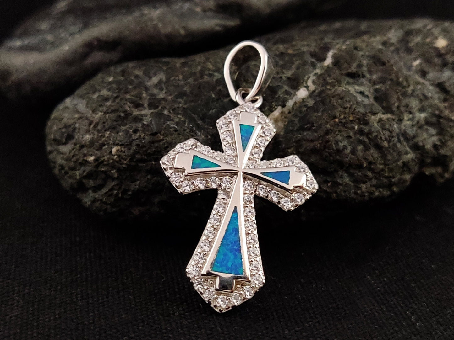 Croix grecque en argent sterling 925 Croix en cristal d'opale 17x24mm, pendentif en argent opale de feu, Griechischer Blau Opal Kreuz ,Grece Grecque Croix