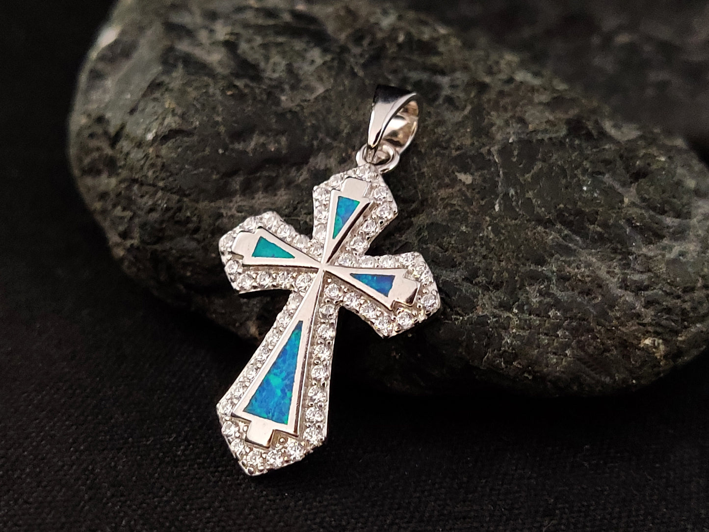 Sterling Silver 925 Greek Cross 17x24mm Opal Crystal Cross, Fire Opal Silver Pendant, Griechischer Blau Opal Kreuz ,Grece Grecque Croix