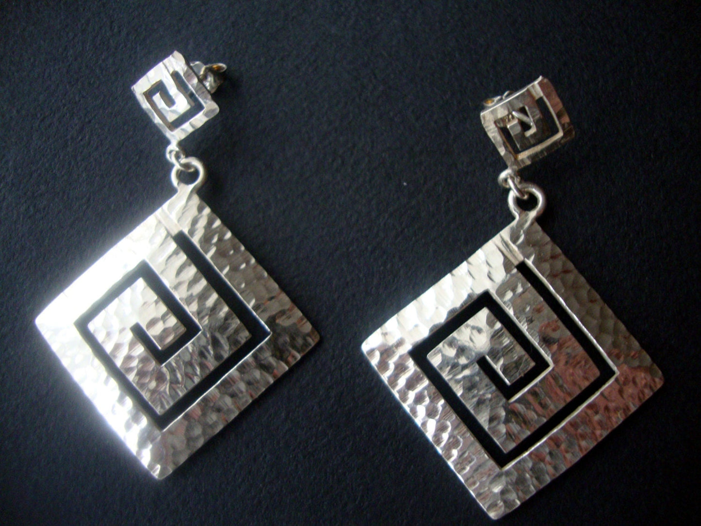 Greek spiral square design hammered earrings Sterling Silver 925