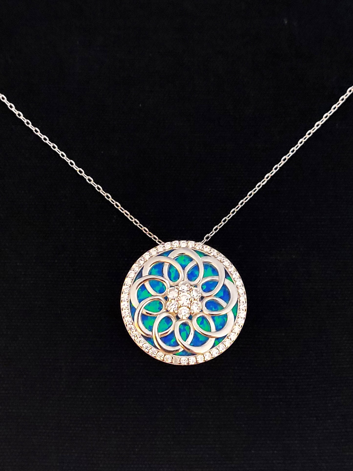 Sterling Silver 925 Blue Opal Mandala Dream Trap Penadnt Necklace 21mm , Opal Chain Pendant, Greek Jewelry, Griechischer Opal Kette, Grecque