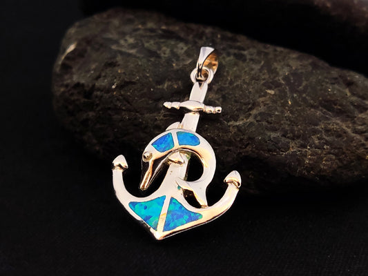 Sterling Silver 925 Blue Opal Anchor Dolphin Greek Pendant 30x19mm, Opal Stones, Greek Jewelry, Griechisches Opal Anhanger, Minoan Grec