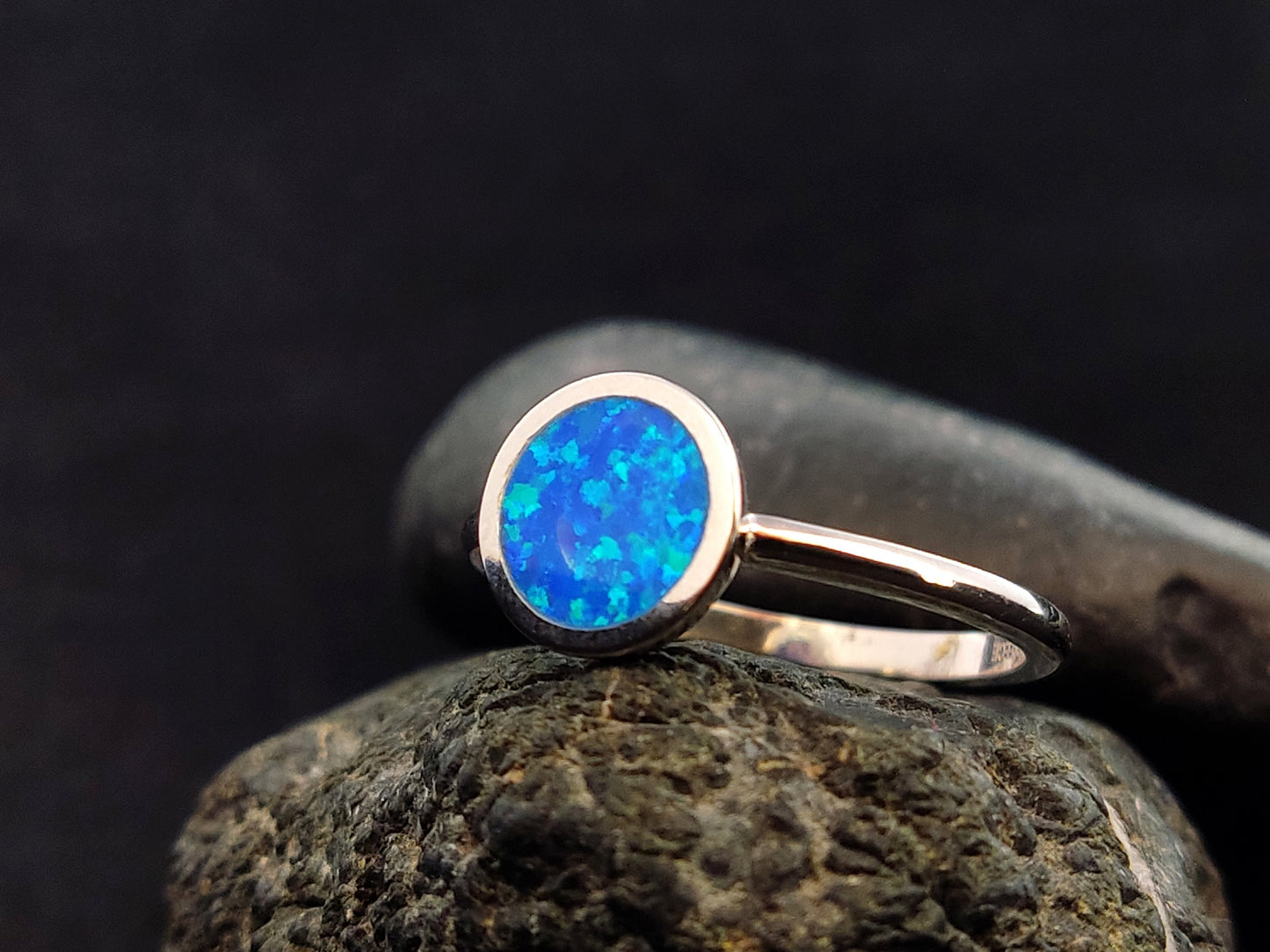 Sterling Silver 925 Ocean Blue Opal Round Stone Ring 10mm, Griechischer Silber Schmuck, Bijoux De Grece, Opal Rings, Opal Stone