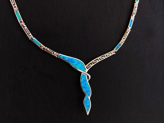 Silver Greek Opal Necklace, Blue Opal Greek Key Weaved Meander Necklace ,Griechischer Opal Silber Kette, Bijoux Grecque, Greek Jewelry
