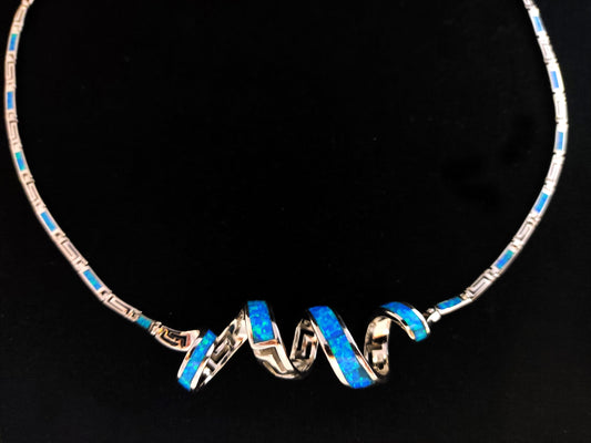 Silver Greek Opal Necklace, Blue Opal Greek Key Meander Twirling Necklace ,Griechischer Opal Silber Kette, Bijoux Grecque, Greek Jewelry