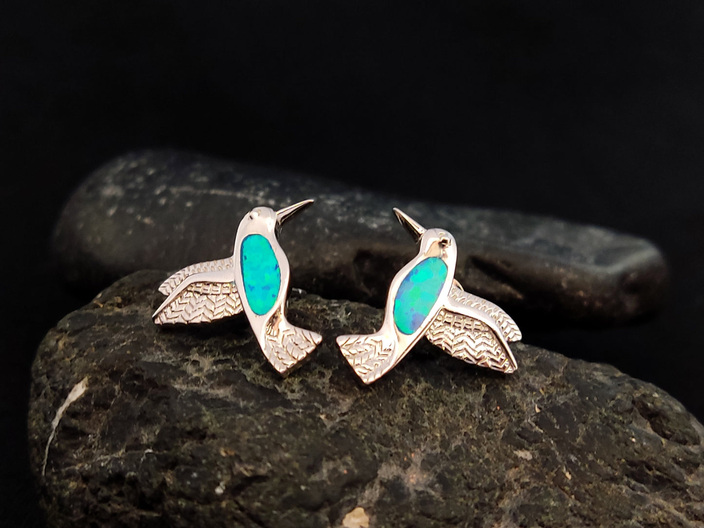 Sterling Silver 925 Blue Opal Humming Colibri Love Bird Earrings 17x15mm , Opal Stud Earrings, Greek Women Jewelry, Griechische  Ohrringe
