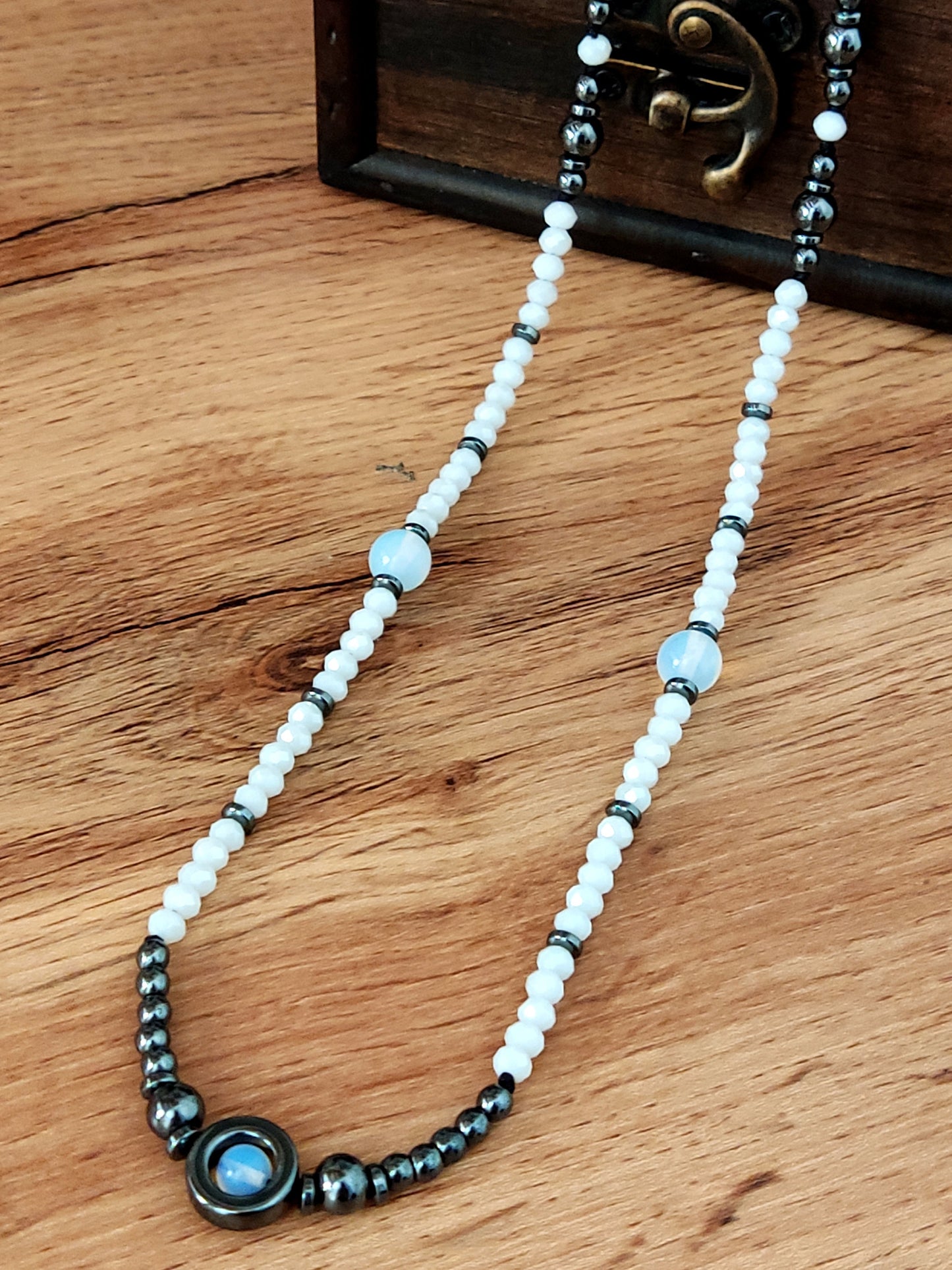 Long Crystal Moonstone White Stones Greek Necklace 75cm - 29.2inch, Men Women Green Natural Moonstone Hematite Necklace, White Necklace