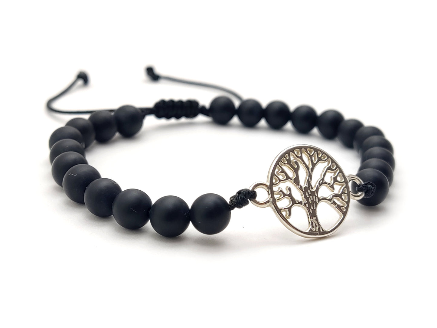 Greek Silver Bracelet, Onyx Jewelry, Tree Of Life Bracelet Made With Matt Onyx Black Stones 6mm, Griechischer Silber Armband, Bijoux Grece