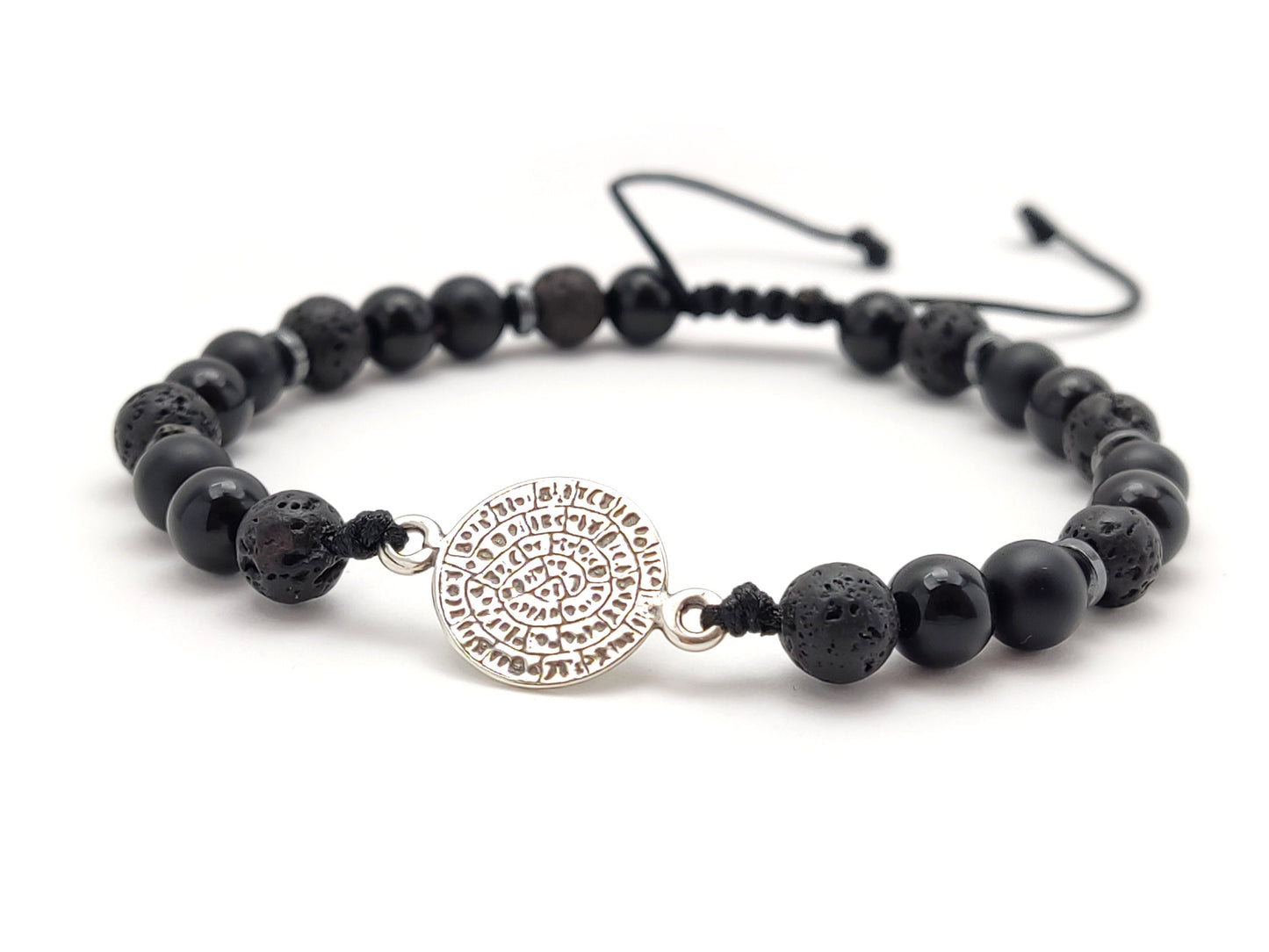 Sterling Silver 925 Phaistos Disc Bracelet Made With Lava And Onyx Stones, Volcanic Lava From Santorini Greece, Bijoux De Grece,