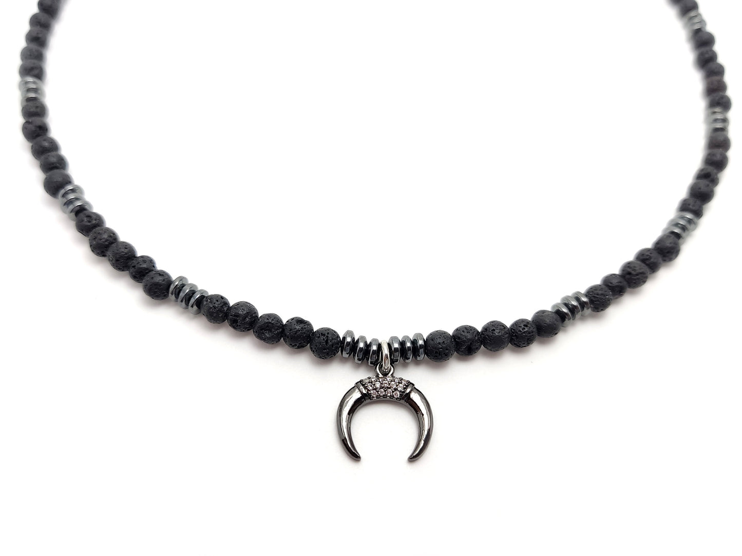 Volcanic Lava Greek Necklace Horns Pendant, Mens Womens Unisex Jewelry From Greece, Trendy Fashion Black Stones Good Luck Necklaces, Lava