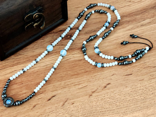 Long Crystal Moonstone White Stones Greek Necklace 75cm - 29.2inch, Men Women Green Natural Moonstone Hematite Necklace, White Necklace