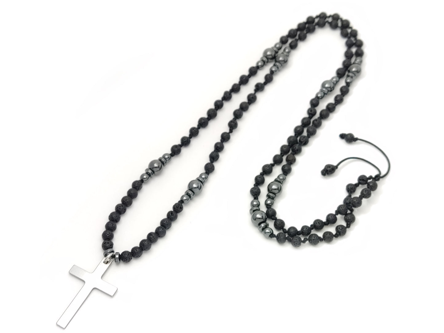 Lange Lavasteine ​​Kreuz Halskette 70cm - 27.3inch, Männer Frauen Schwarze Vulkansteine ​​Hämatit Halskette, Edelstahl Kreuz, Santorini Schmuck