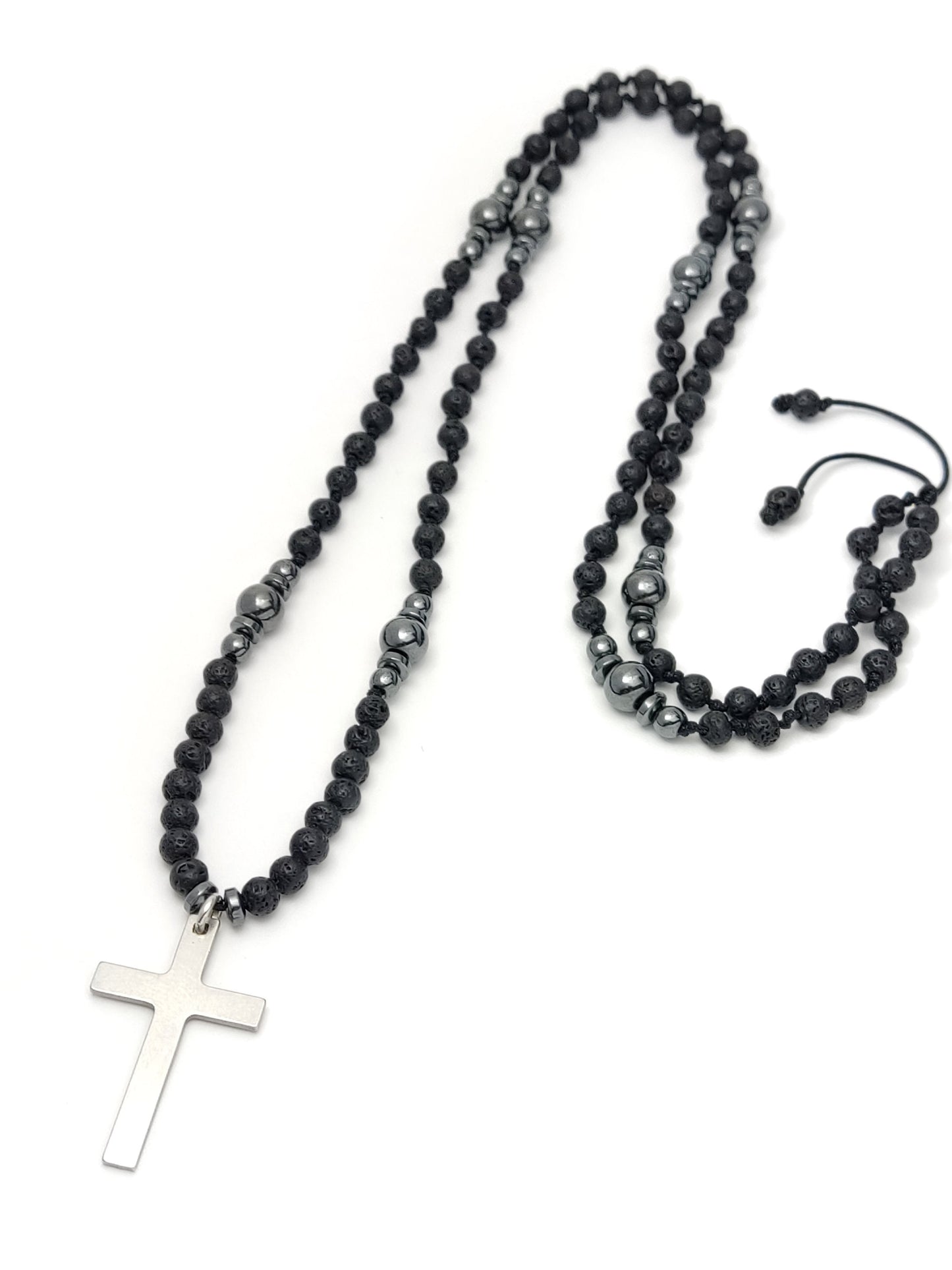 Lange Lavasteine ​​Kreuz Halskette 70cm - 27.3inch, Männer Frauen Schwarze Vulkansteine ​​Hämatit Halskette, Edelstahl Kreuz, Santorini Schmuck