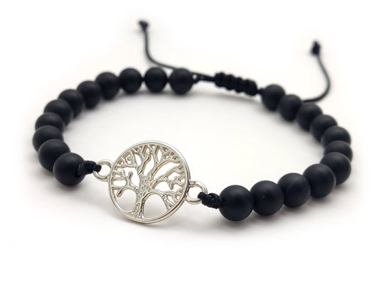 Bracelet en argent grec, bijoux Onyx, bracelet arbre de vie fait avec des pierres noires Onyx mat 6mm, brassard Griechischer Silber, Bijoux Grece