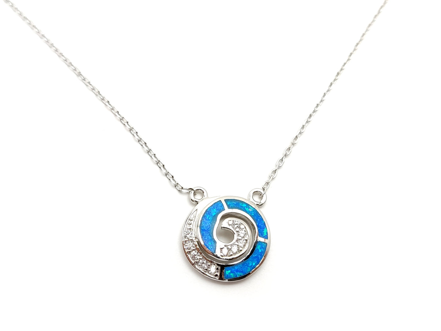 Greek Silver Necklace, Circle Of Life Infinity Spiral Design Ocean Blue Opal Chain Pendant, Jewelry From Greece, Griechischer Silber Schmuck
