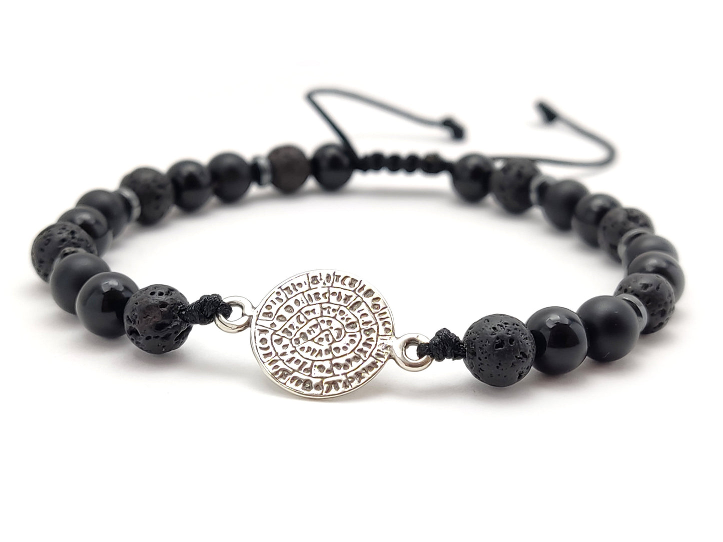 Sterling Silver 925 Phaistos Disc Bracelet Made With Lava And Onyx Stones, Volcanic Lava From Santorini Greece, Bijoux De Grece,