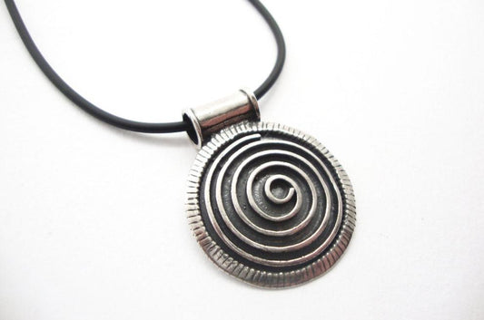 Greek Spiral Eternity Key  Sterling Silver 925 Hammered 30 mm Pendant & Black Silicon Band with Silver 925 Clasp