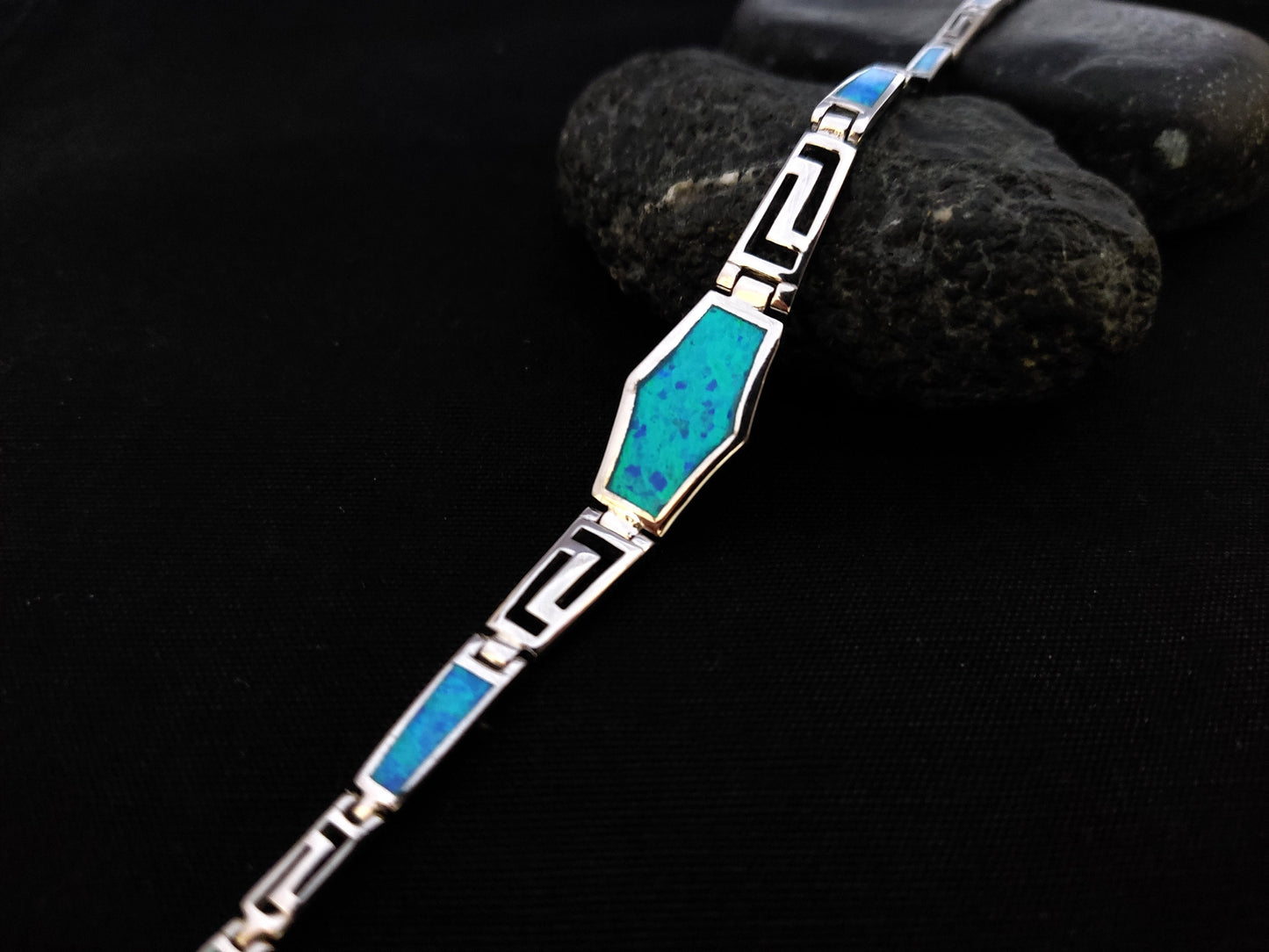 Greek Silver Opal Gradual Bracelet, Meander Jewelry Made Of Blue Opal Stones In Greece, Griechischer Blau Opal Schmuck, Bijoux Grecque