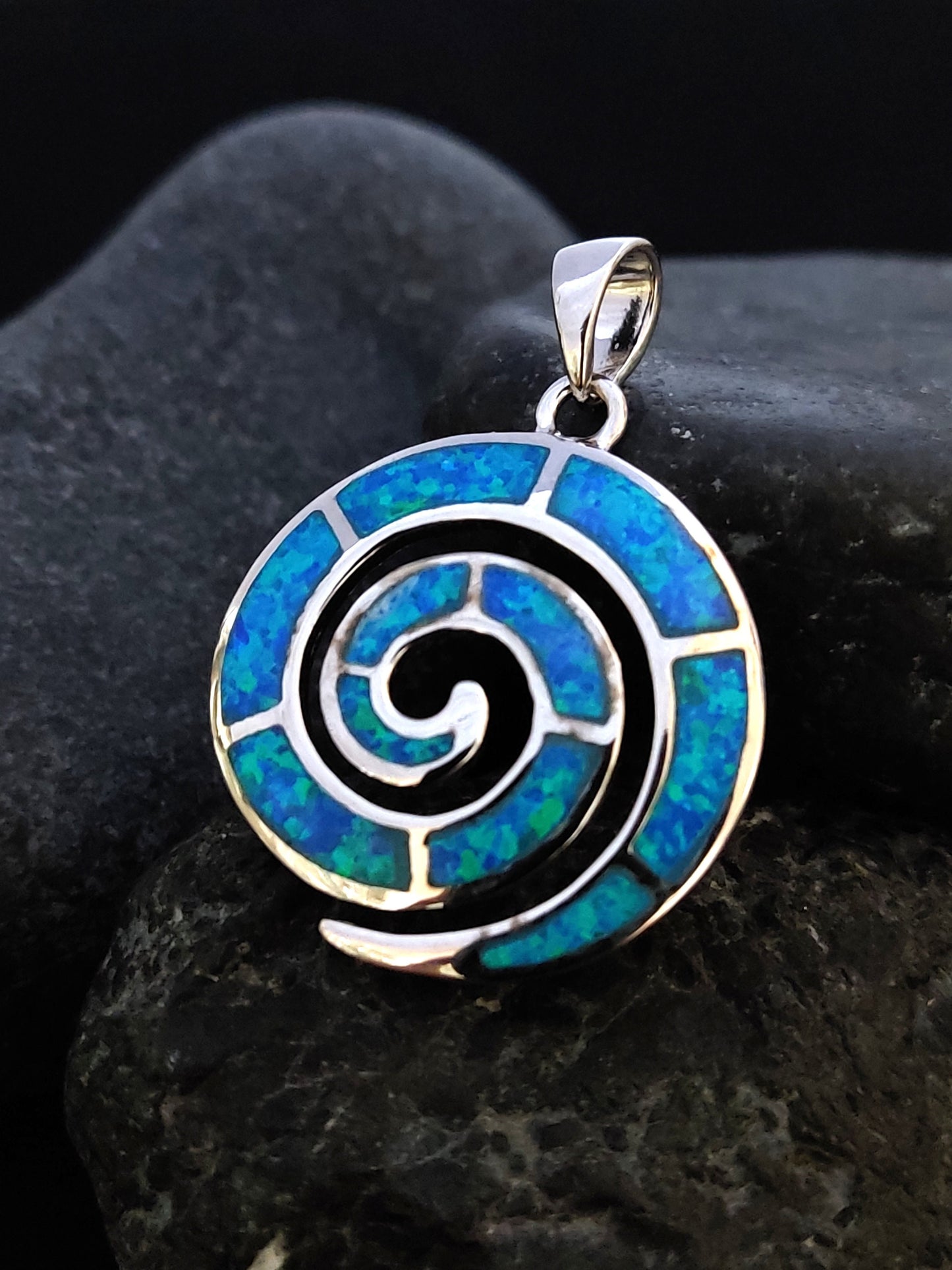 Sterling Silver 925 Fire Rainbow Blue Opal Greek Spiral Small Pendant 23mm, Ancient Greek Spiral Swirl Vortex Opal Pendant, Opal Jewelry